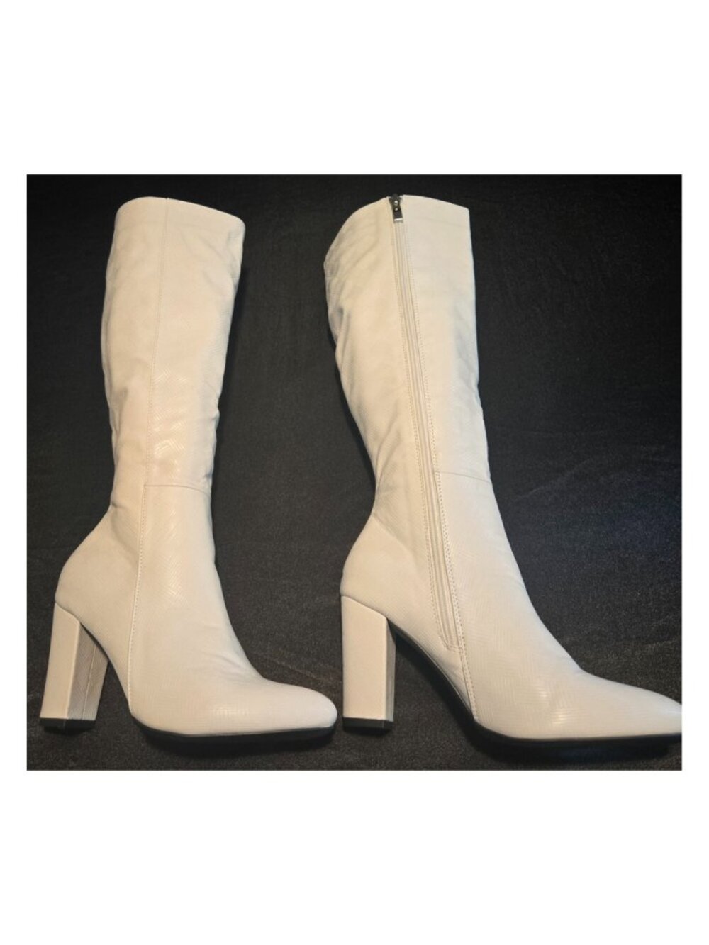 White Knee High Boots Pointed Toe Block Heel Textured Zip Size 7.5